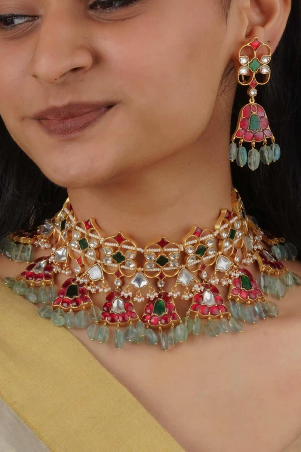Multicolor Gold Plated Jadau Kundan Necklace Set
