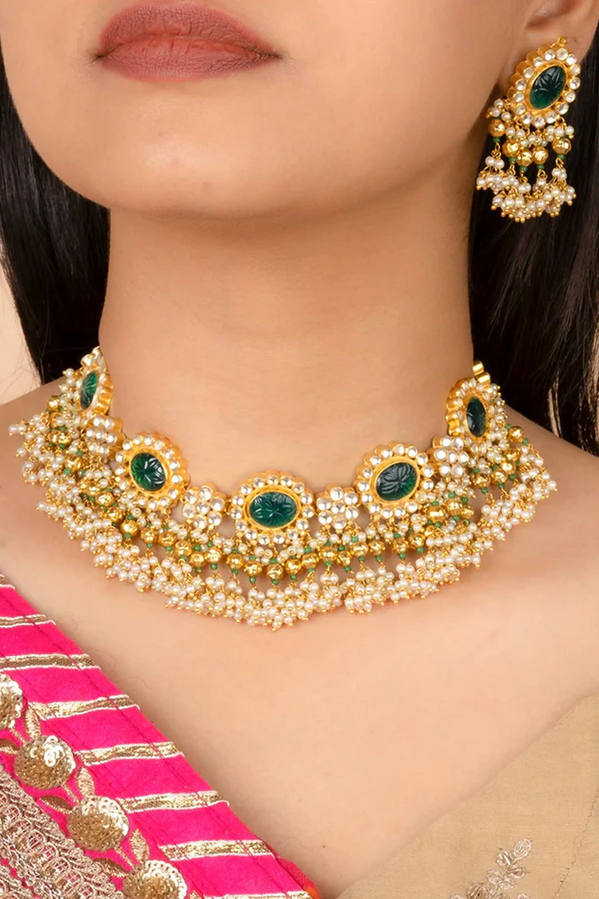 Green Gold Plated Jadau Kundan Necklace Set
