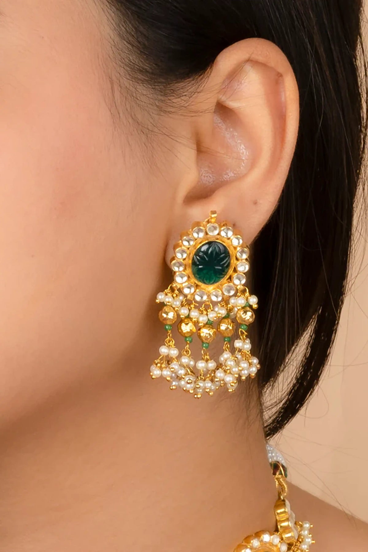 Green Gold Plated Jadau Kundan Necklace Set