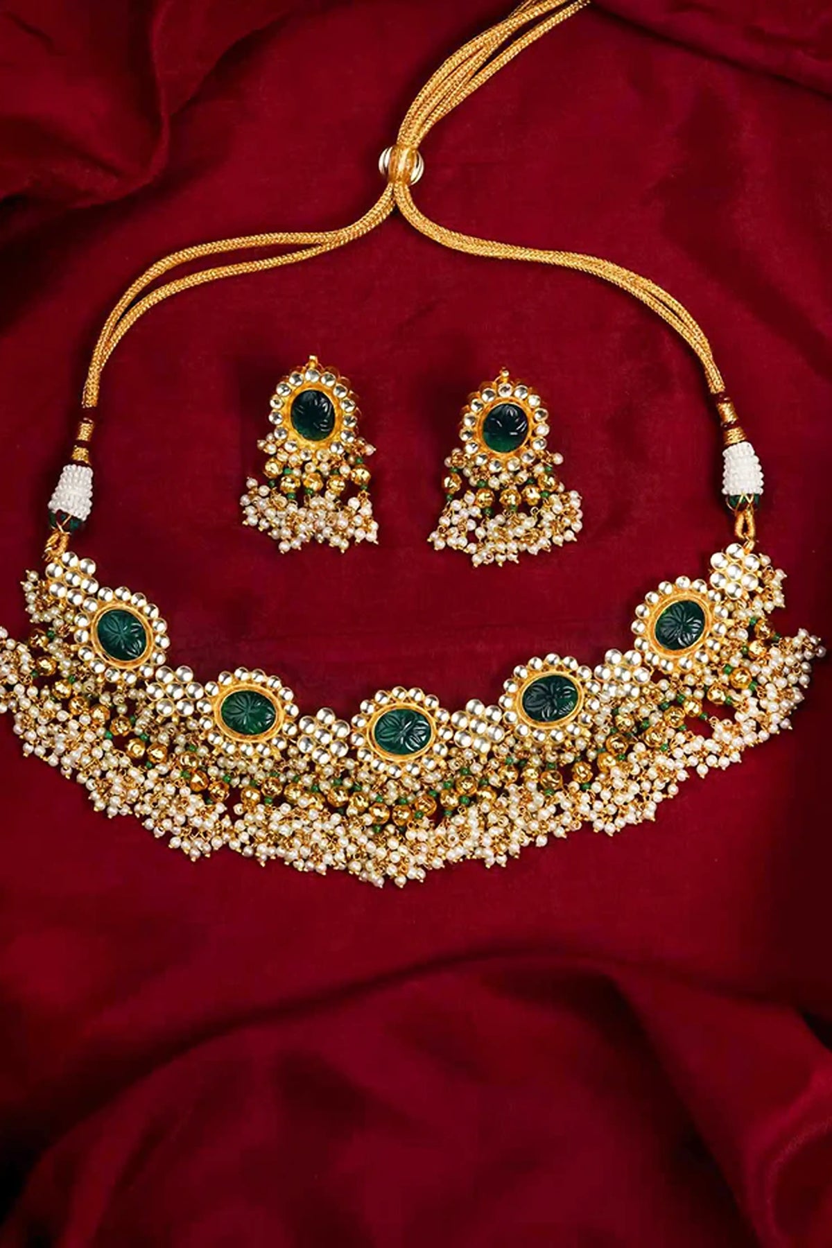 Green Gold Plated Jadau Kundan Necklace Set