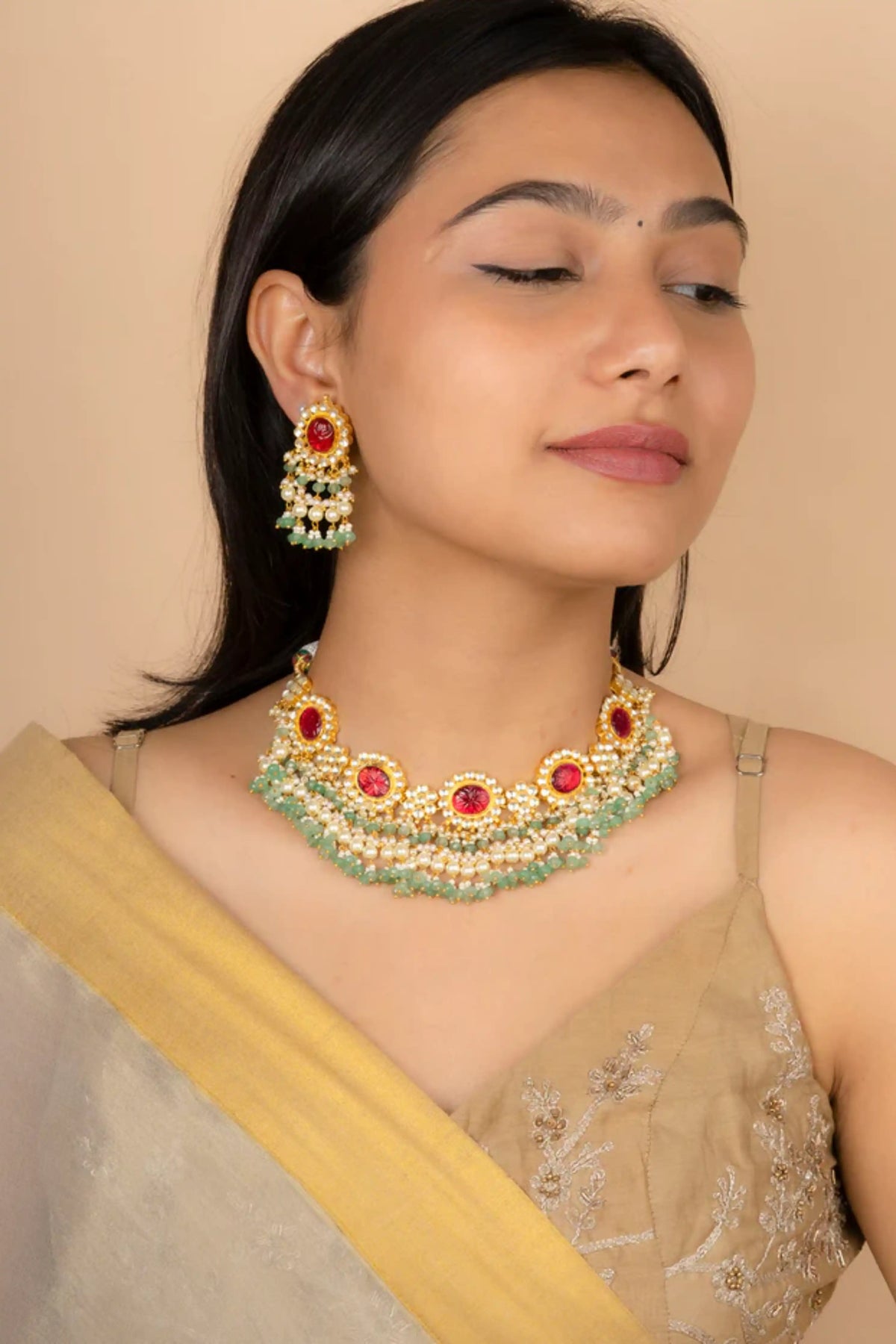 Red Color Gold Plated Jadau Kundan Necklace Set