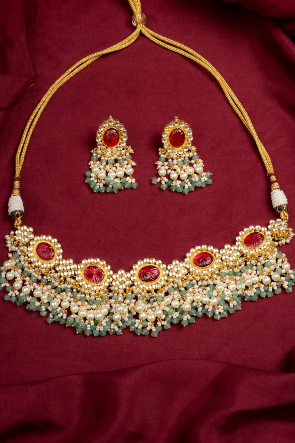 Red Color Gold Plated Jadau Kundan Necklace Set
