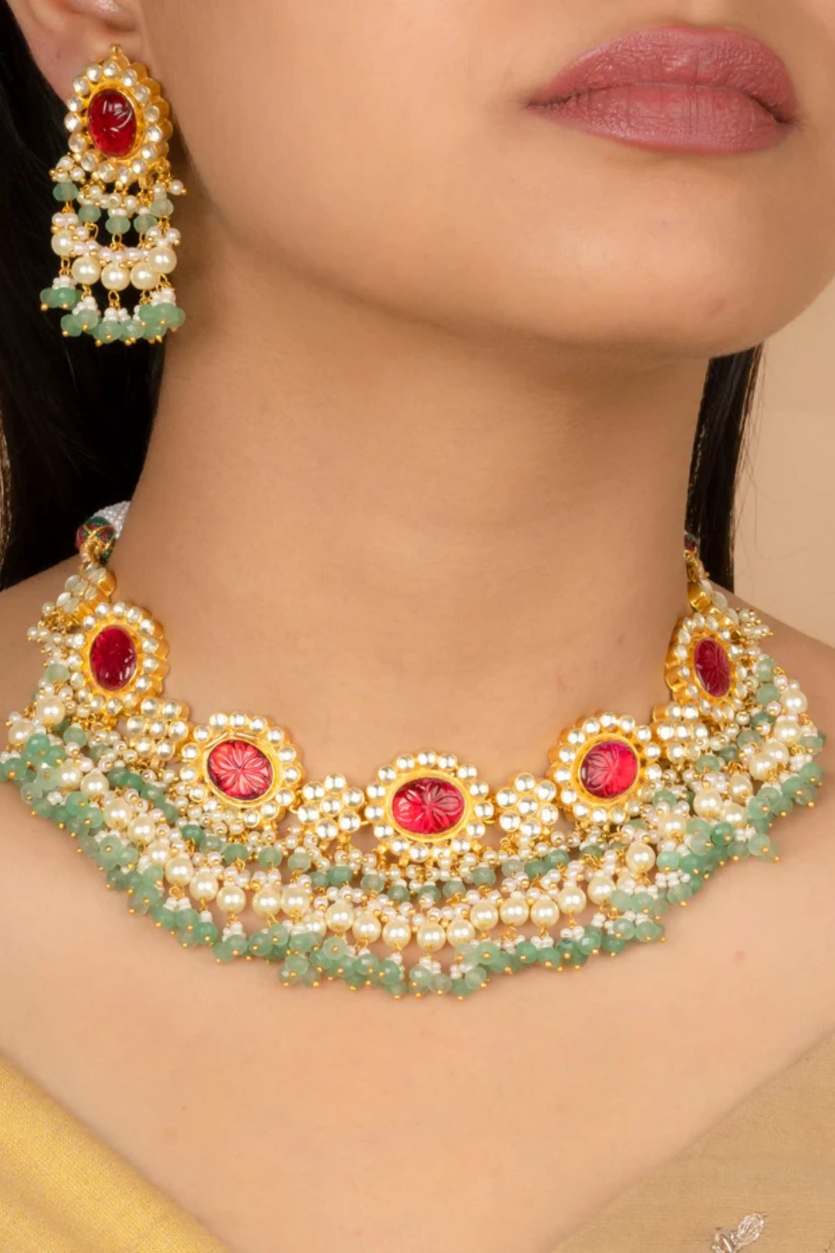 Red Color Gold Plated Jadau Kundan Necklace Set