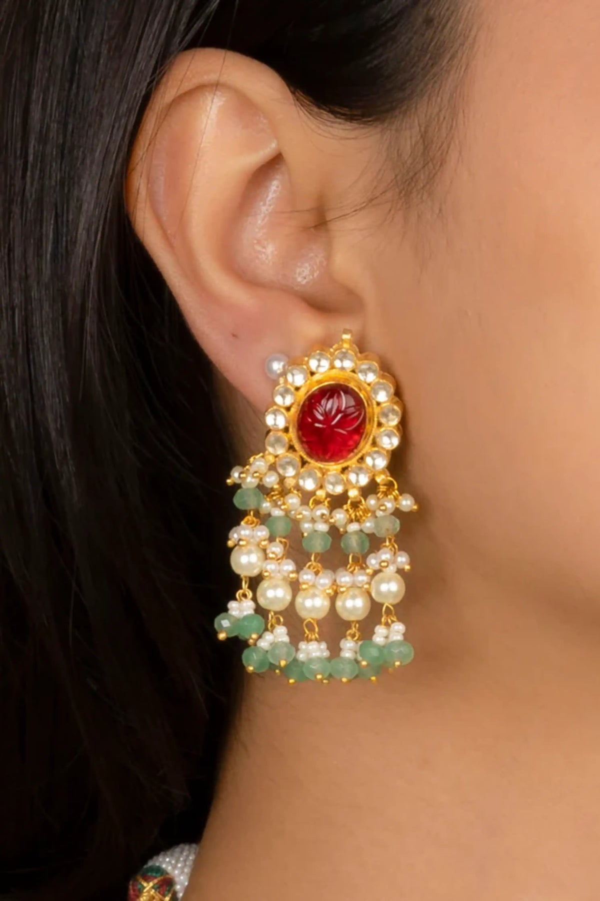 Red Color Gold Plated Jadau Kundan Necklace Set