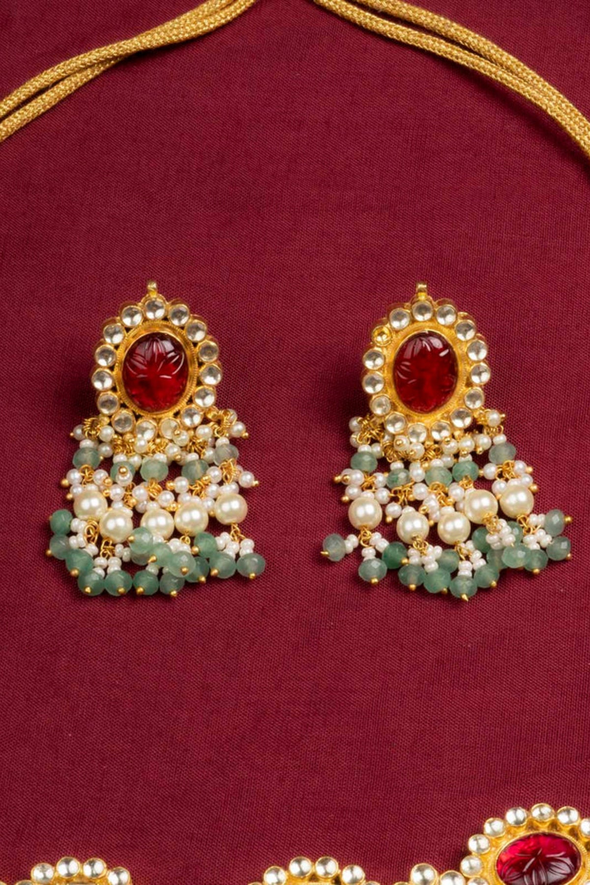Red Color Gold Plated Jadau Kundan Necklace Set