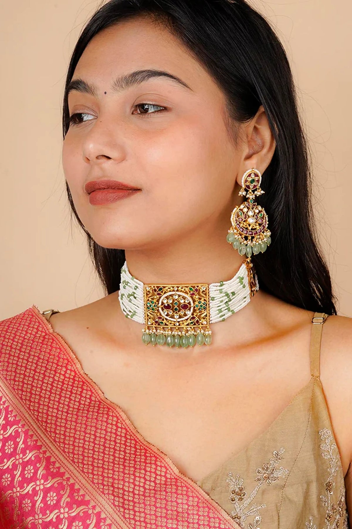 Multicolor Gold Plated Jadau Kundan Necklace Set