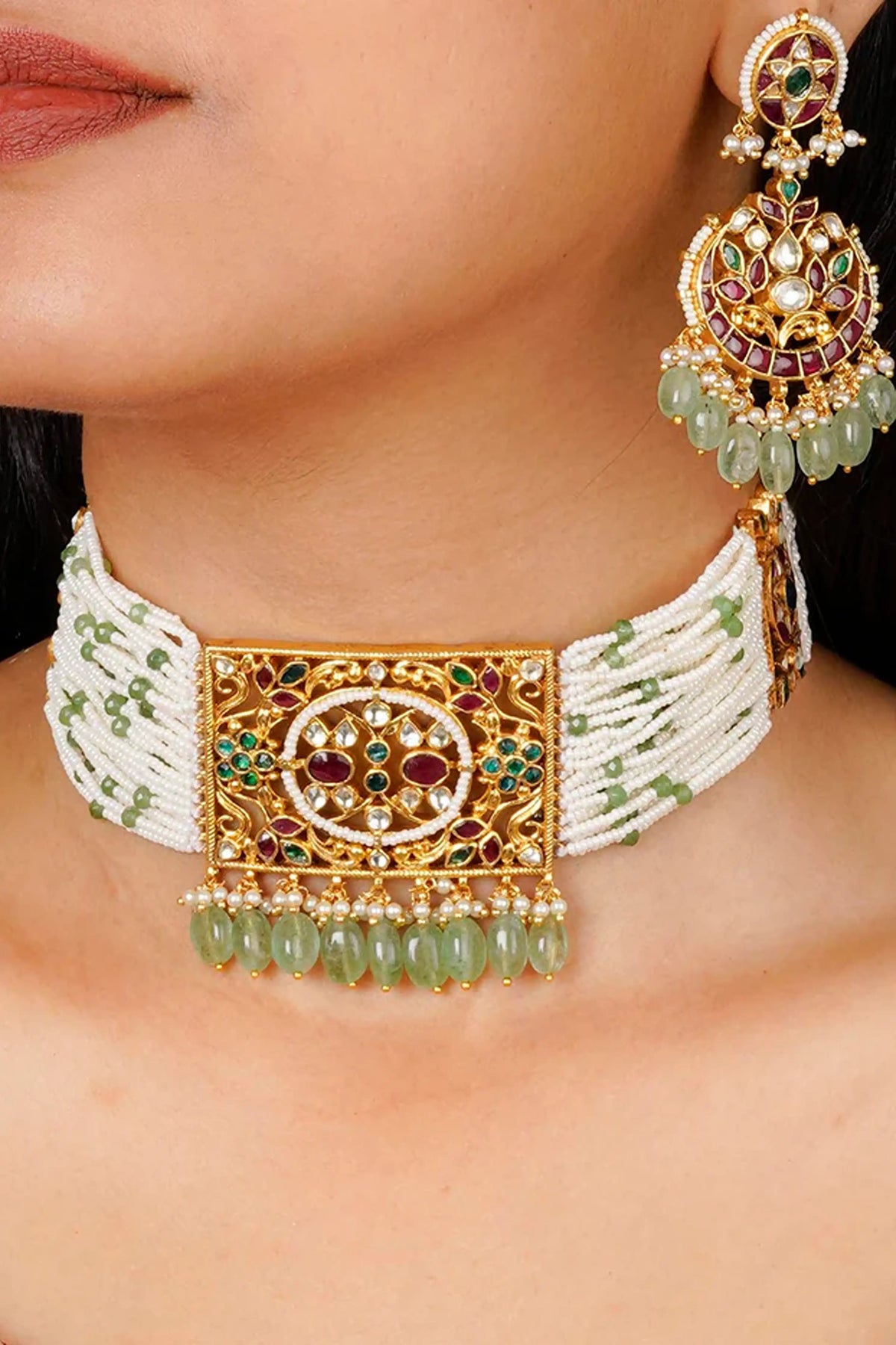 Multicolor Gold Plated Jadau Kundan Necklace Set