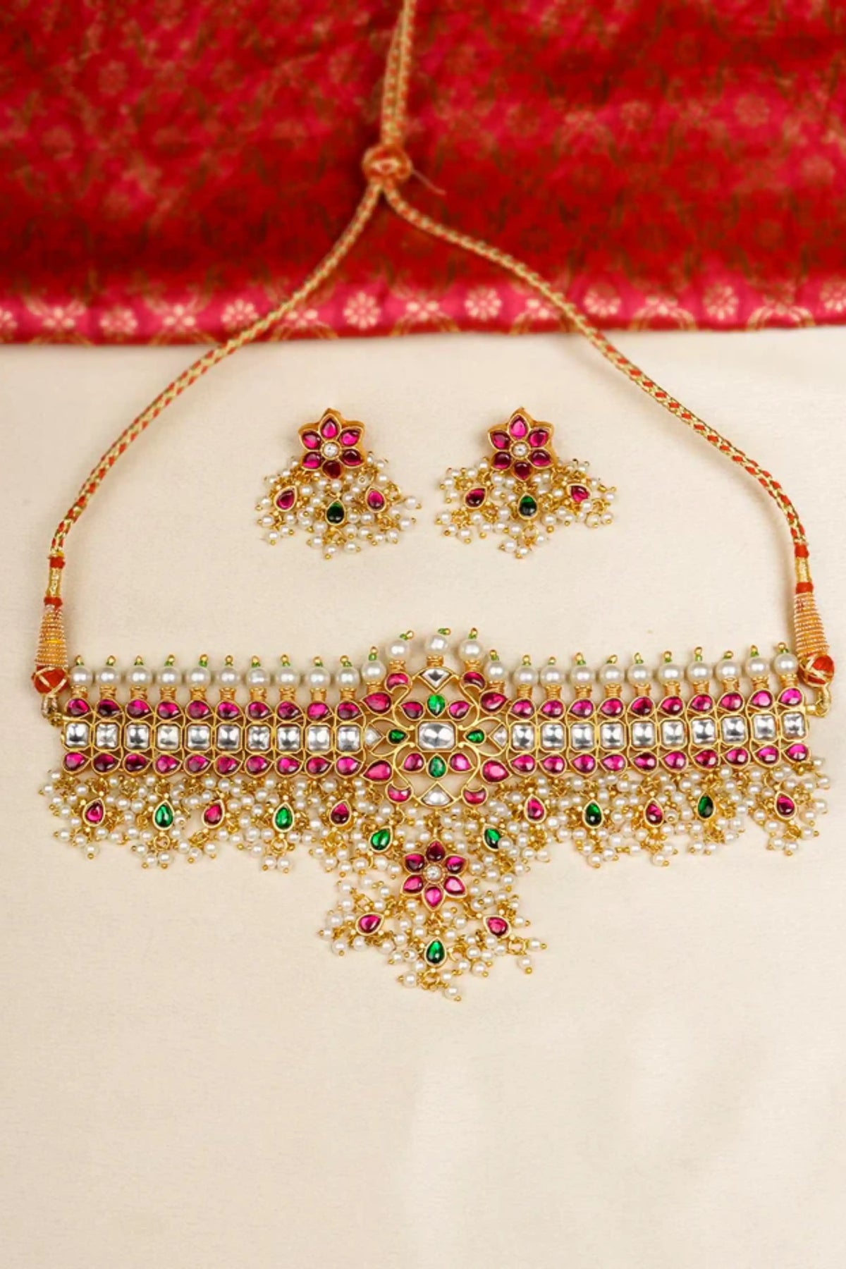 Multicolor Gold Plated Jadau Kundan Necklace Set