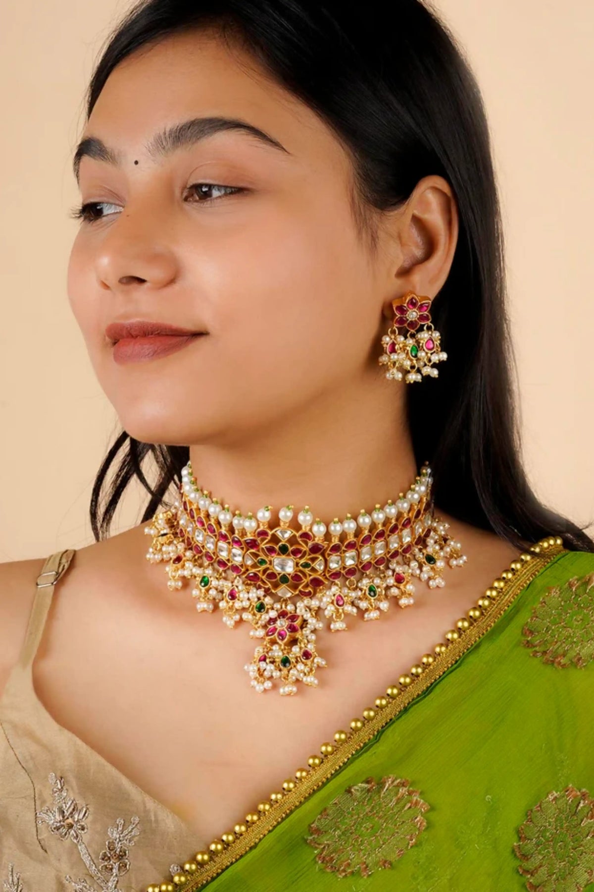 Multicolor Gold Plated Jadau Kundan Necklace Set