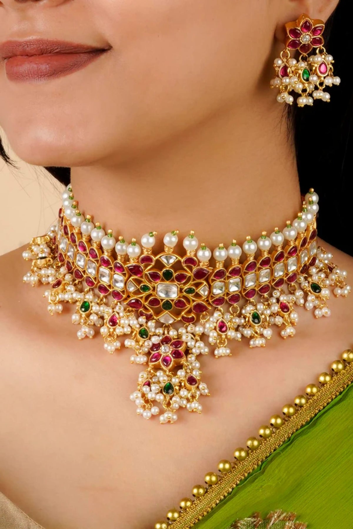 Multicolor Gold Plated Jadau Kundan Necklace Set