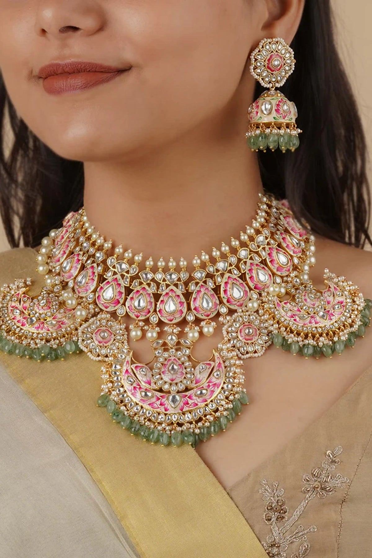 Pink Color Gold Plated Jadau Kundan Bridal Necklace Set