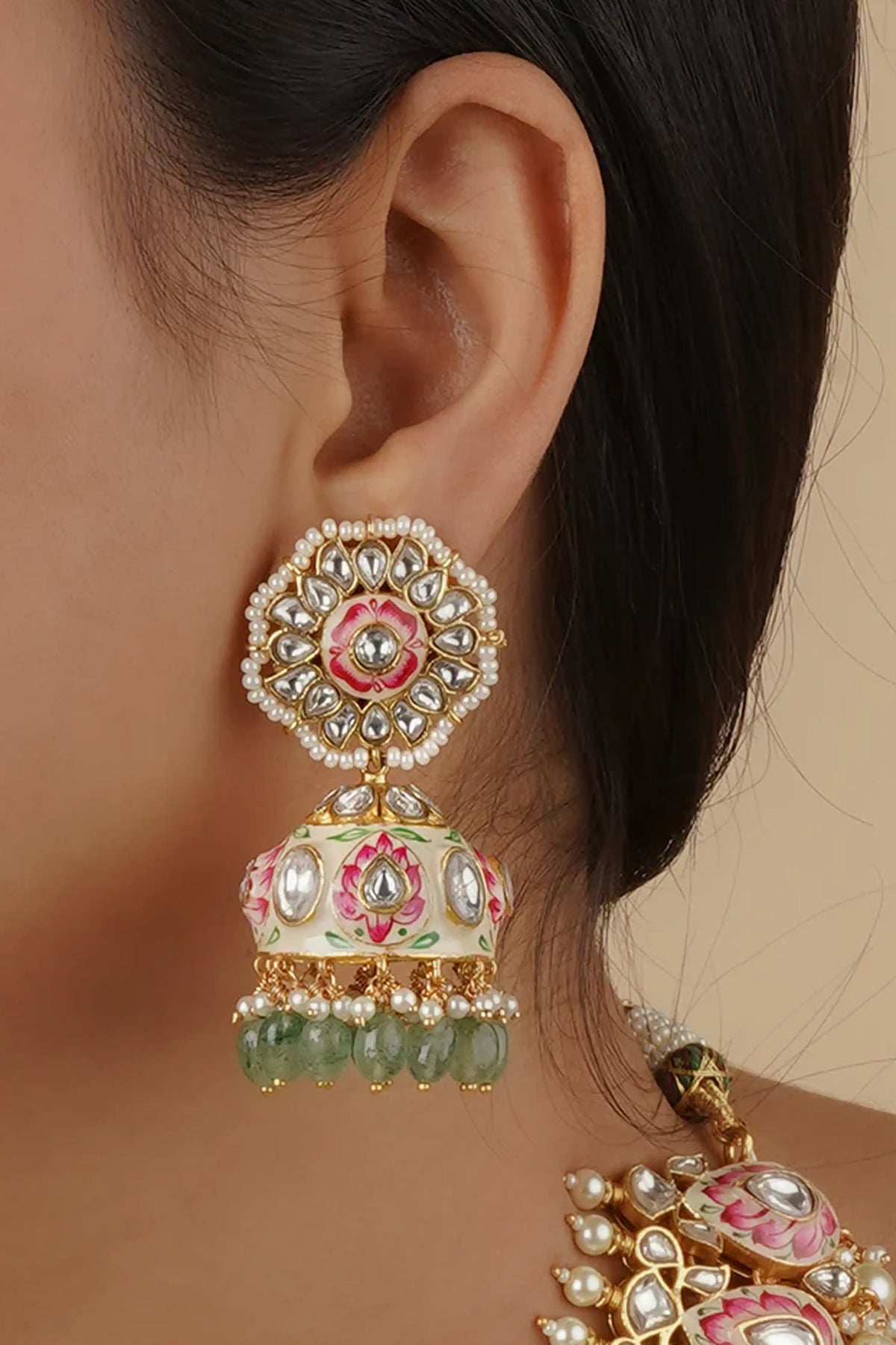 Pink Color Gold Plated Jadau Kundan Bridal Necklace Set