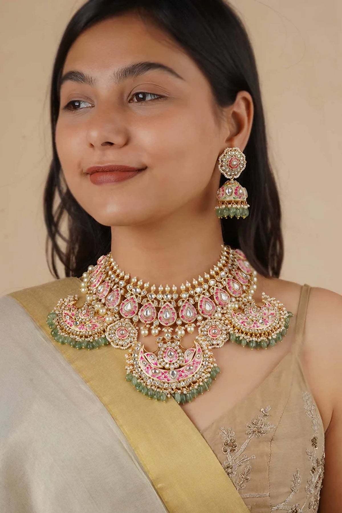 Pink Color Gold Plated Jadau Kundan Bridal Necklace Set
