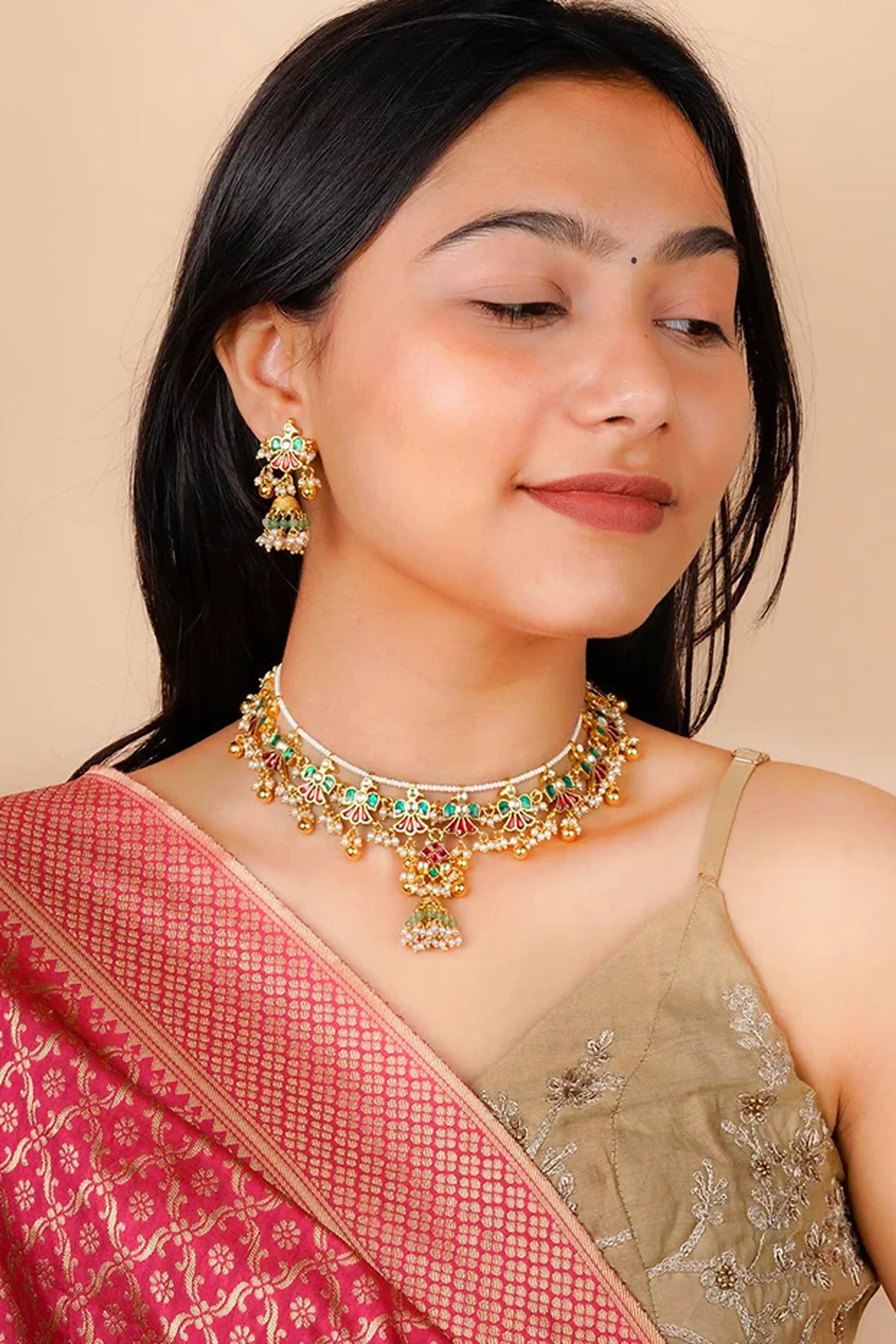 Multicolor Gold Plated Jadau Kundan Necklace Set