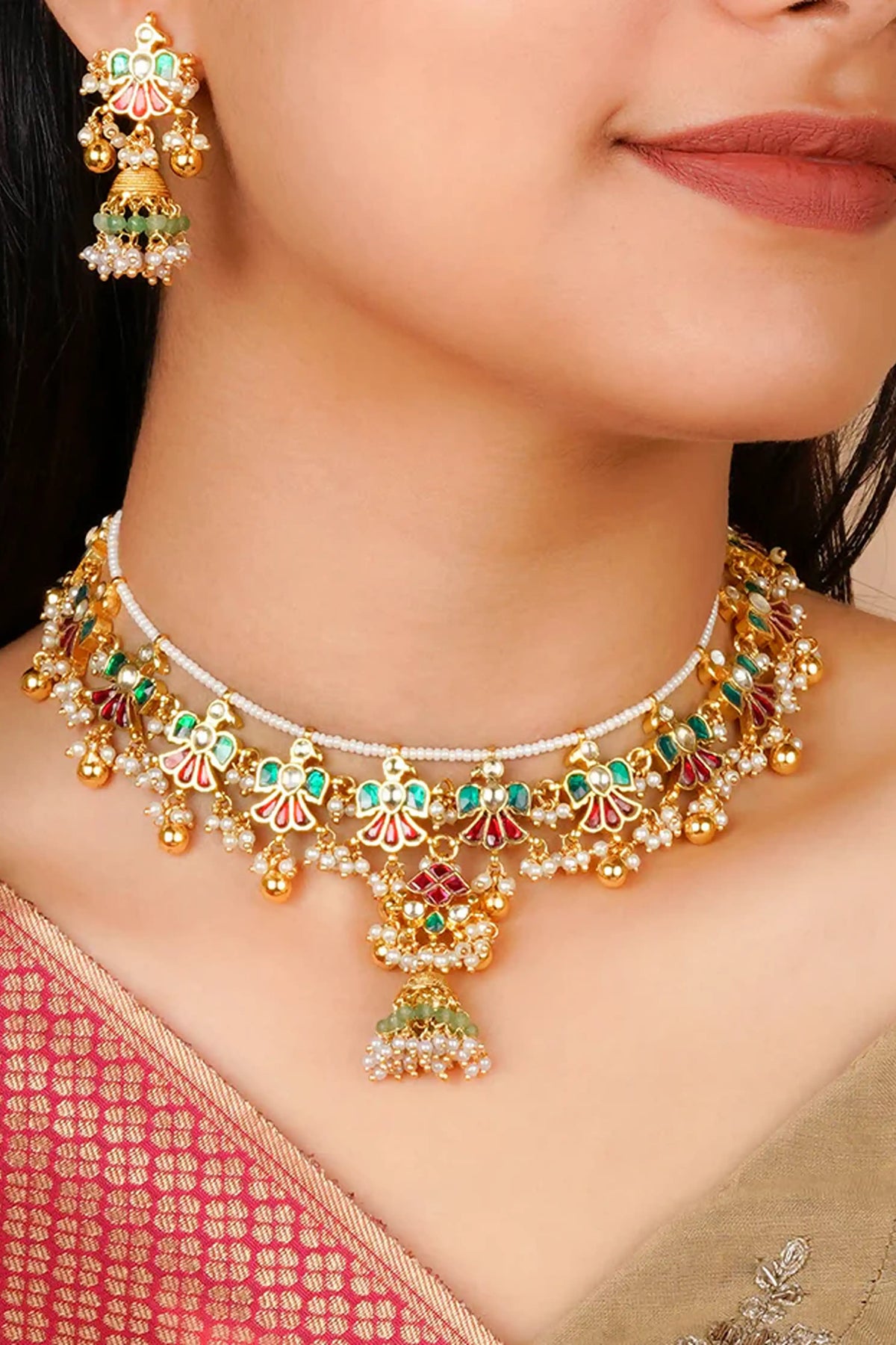 Multicolor Gold Plated Jadau Kundan Necklace Set