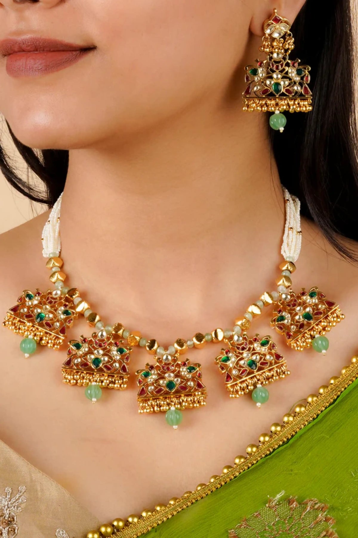 Multicolor Gold Plated Jadau Kundan Necklace Set