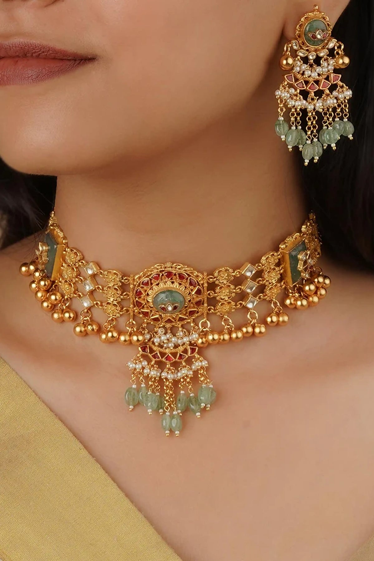 Multicolor Gold Plated Jadau Kundan Necklace Set