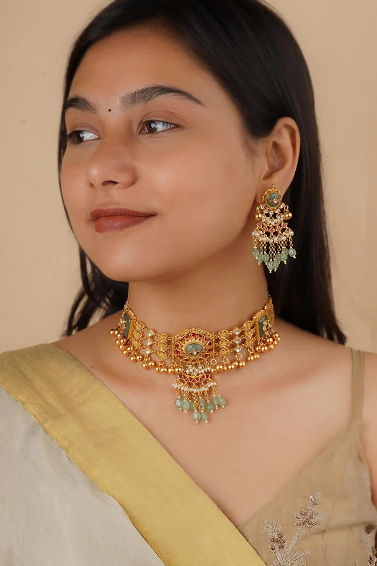 Multicolor Gold Plated Jadau Kundan Necklace Set