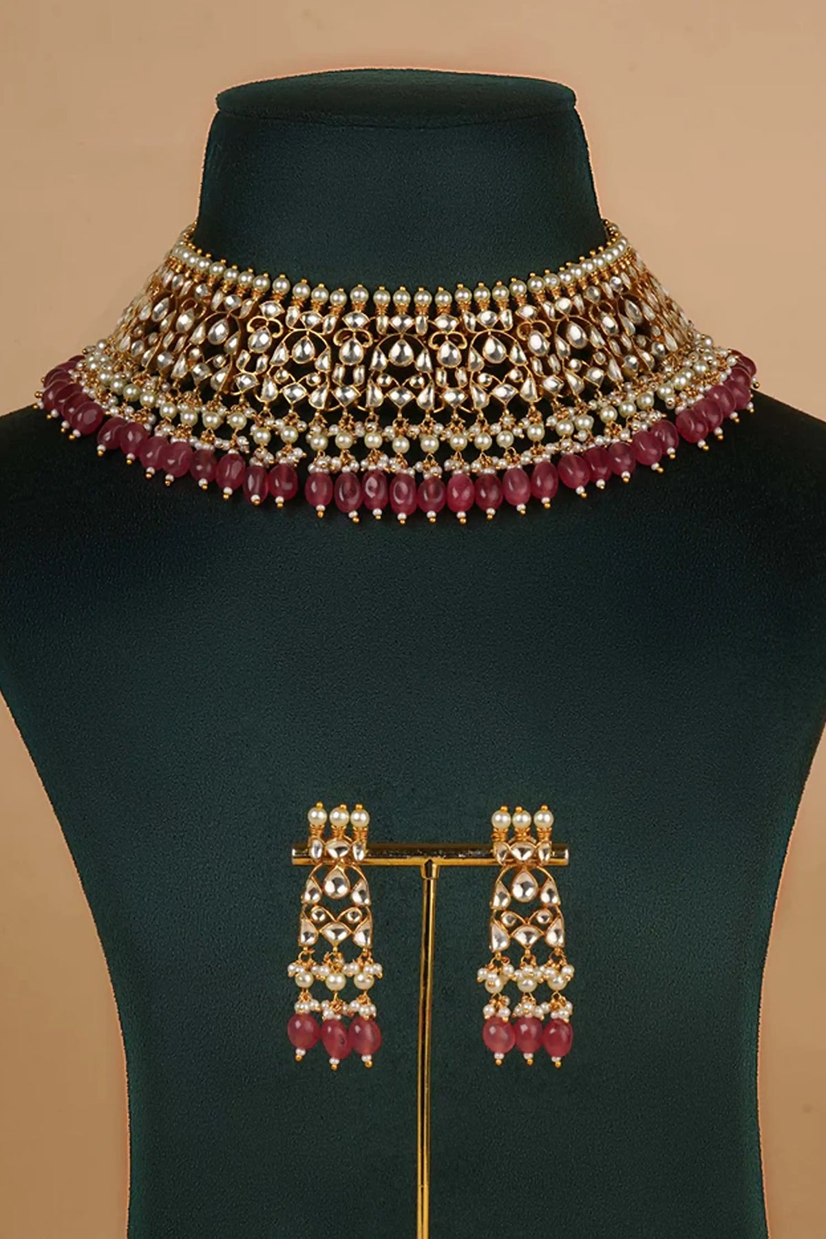 Jadau Kundan Necklace Set in Pink