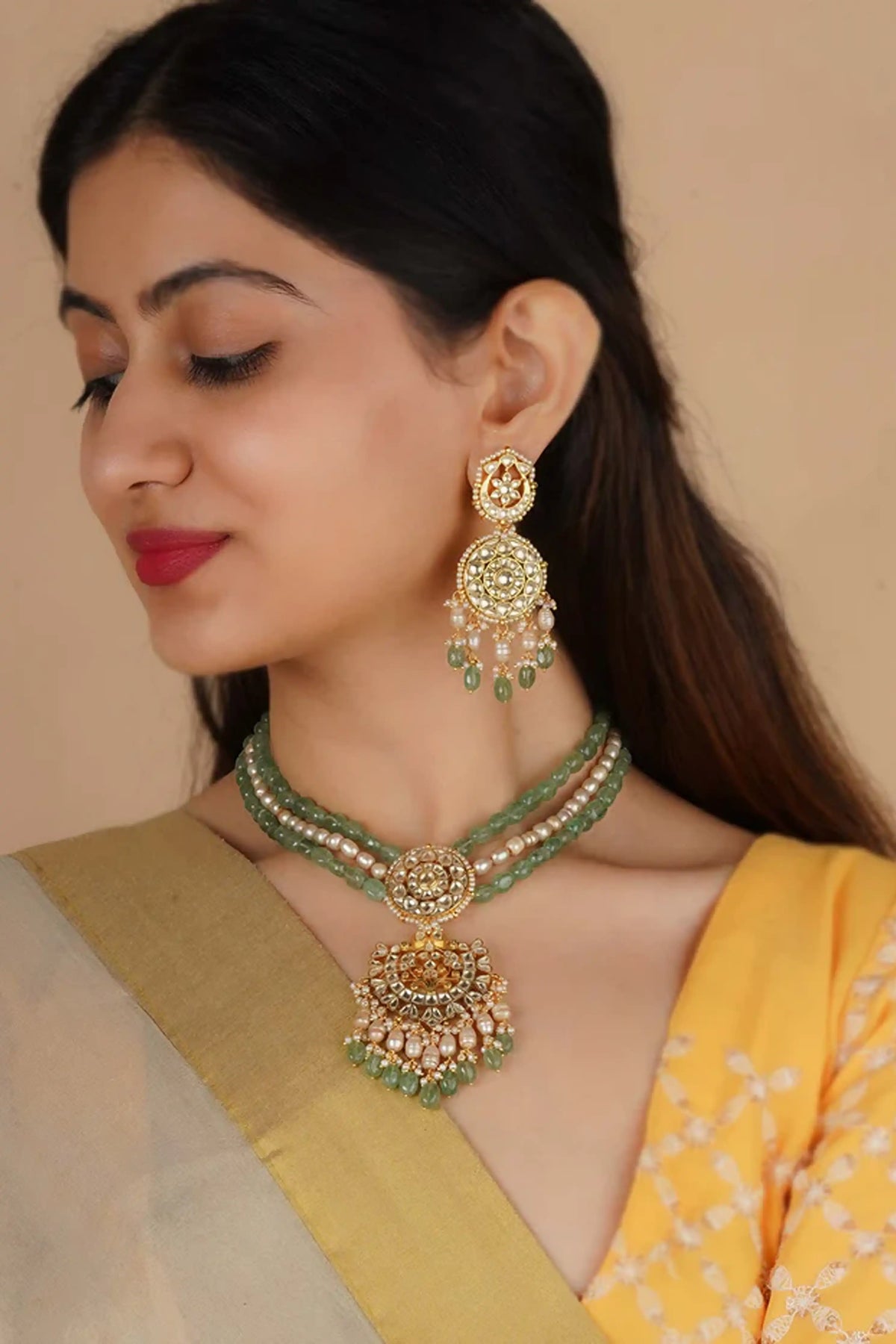 Green Jadau Kundan Necklace Set