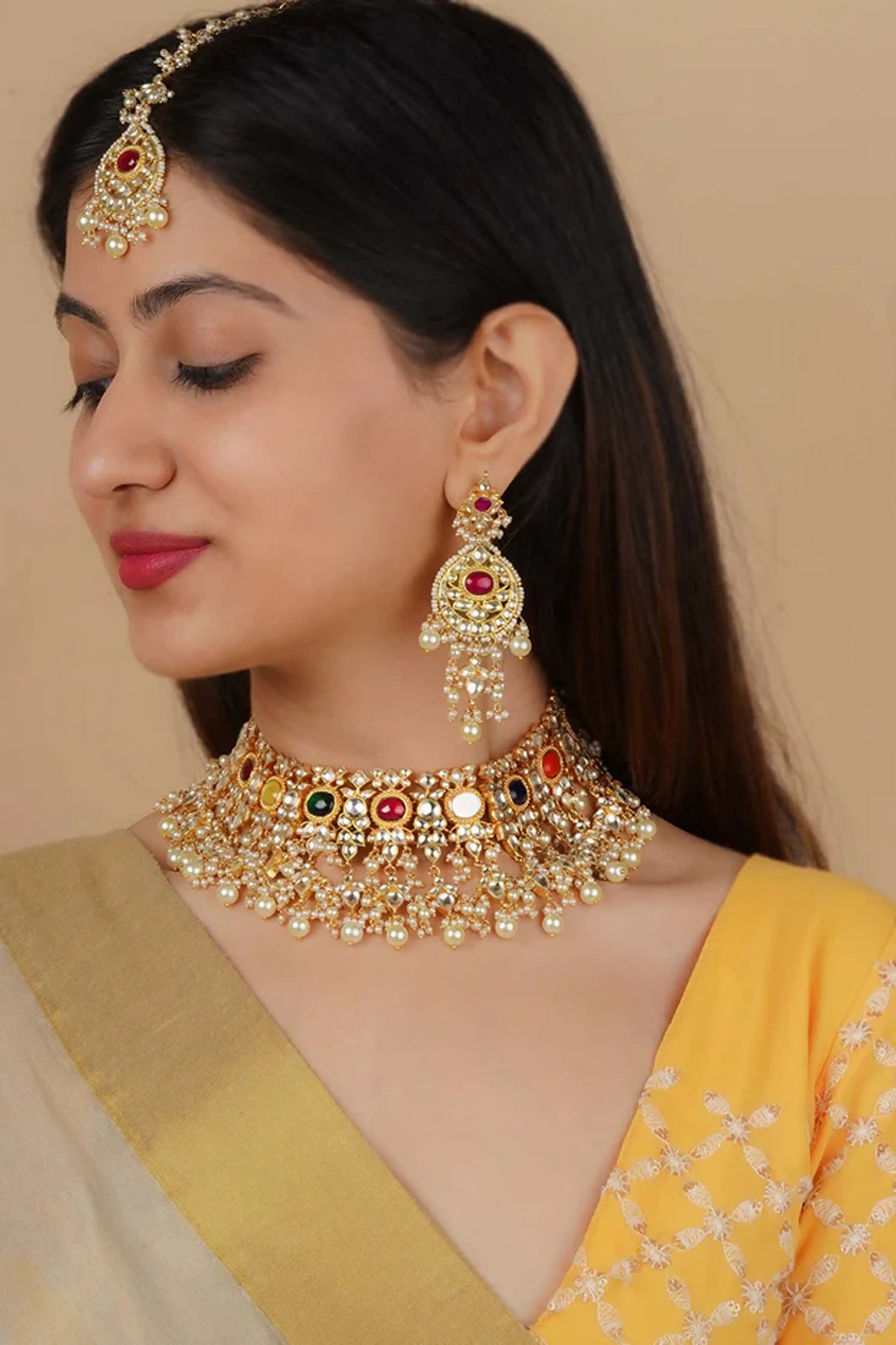 Polki Bridal Necklace Set in Green