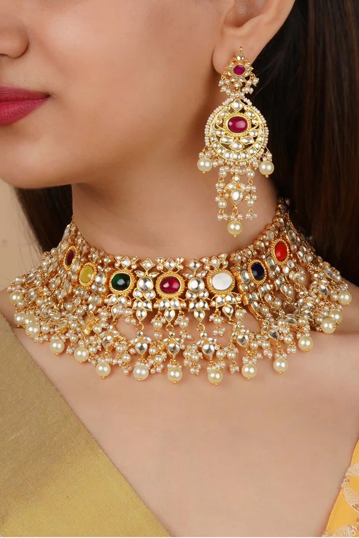 Polki Bridal Necklace Set in Green
