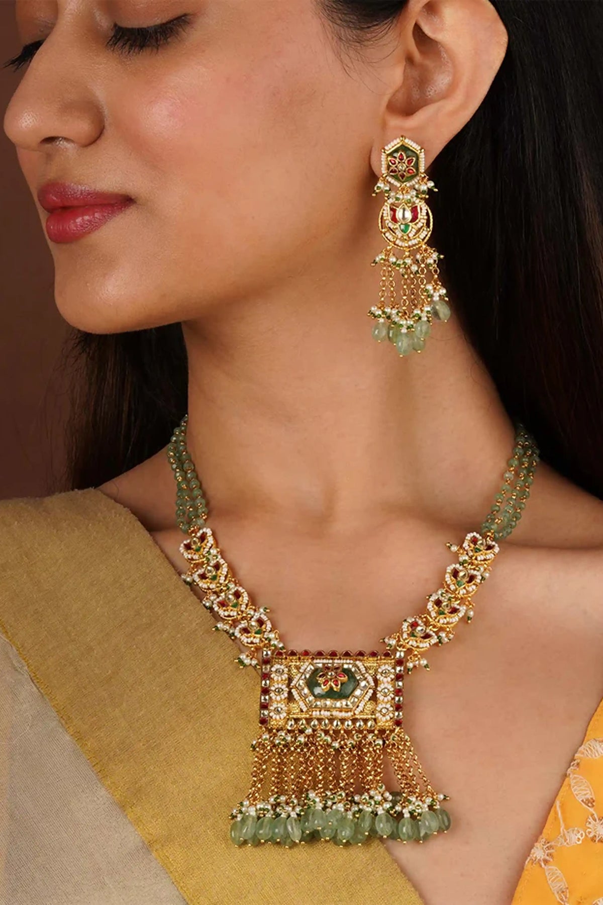 Multicolor Gold Plated Jadau Kundan Necklace Set