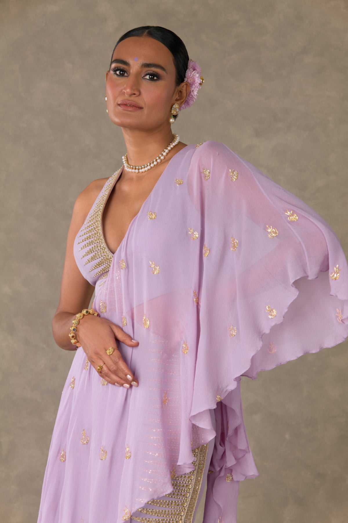 Lilac Trikone Saree Gown