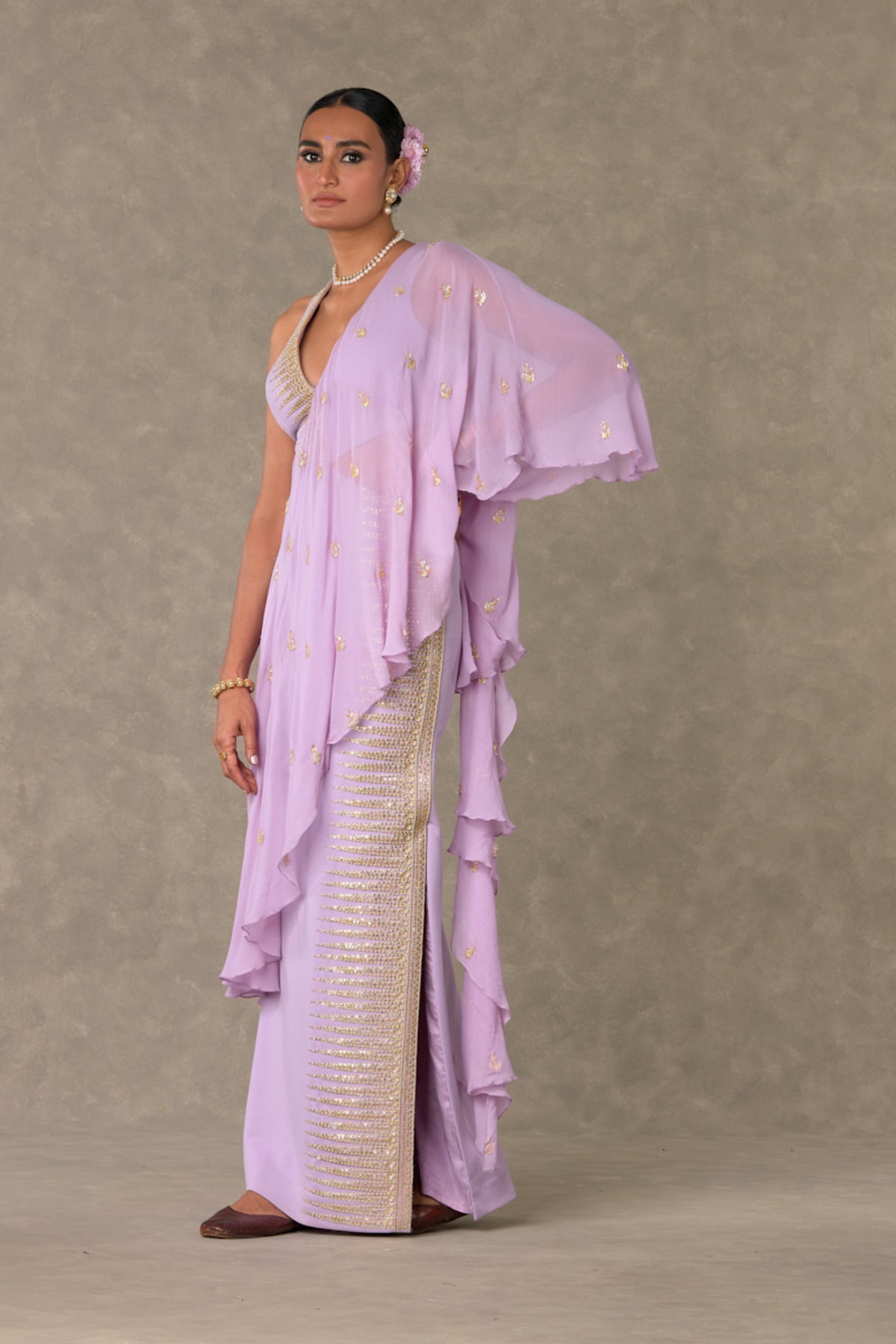 Lilac Trikone Saree Gown