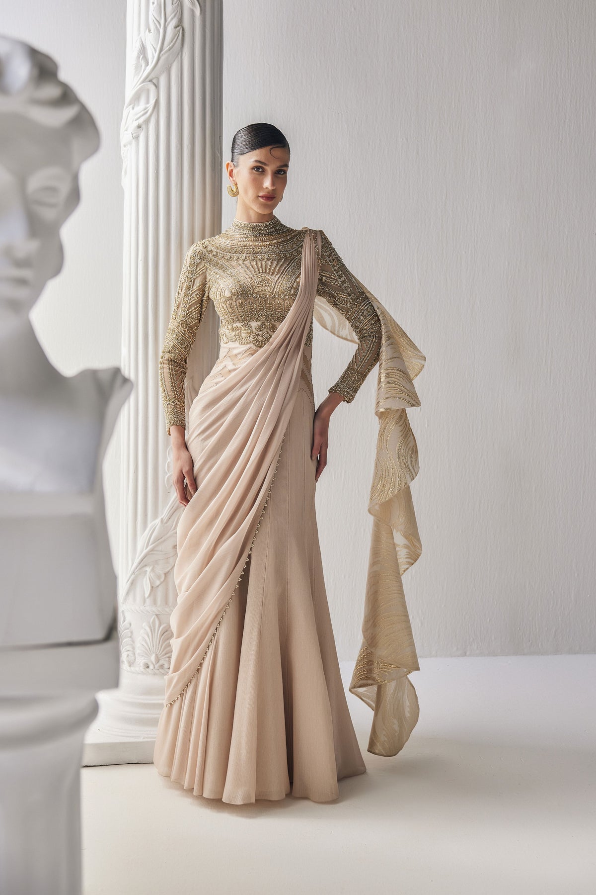 Golden Cream Draped Saree Set