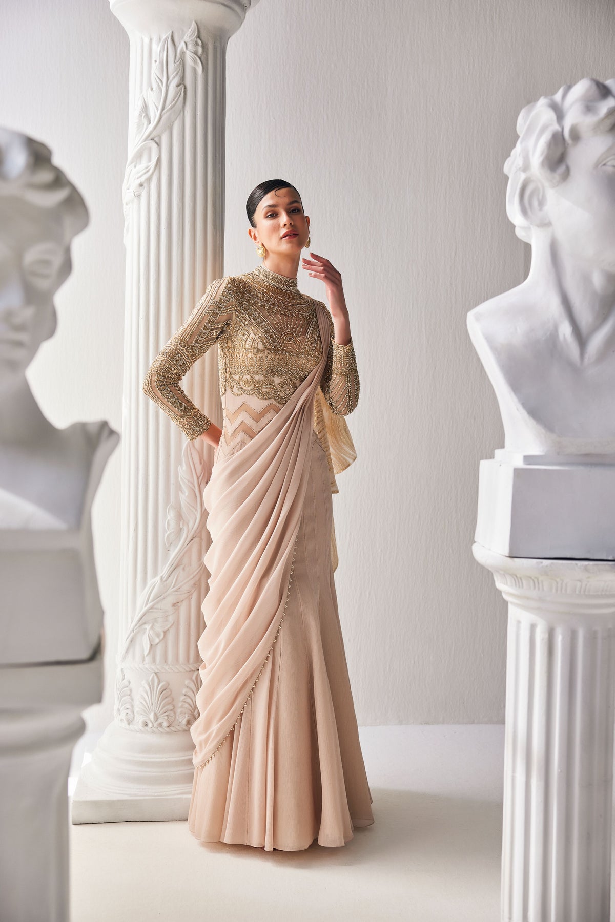 Golden Cream Draped Saree Set