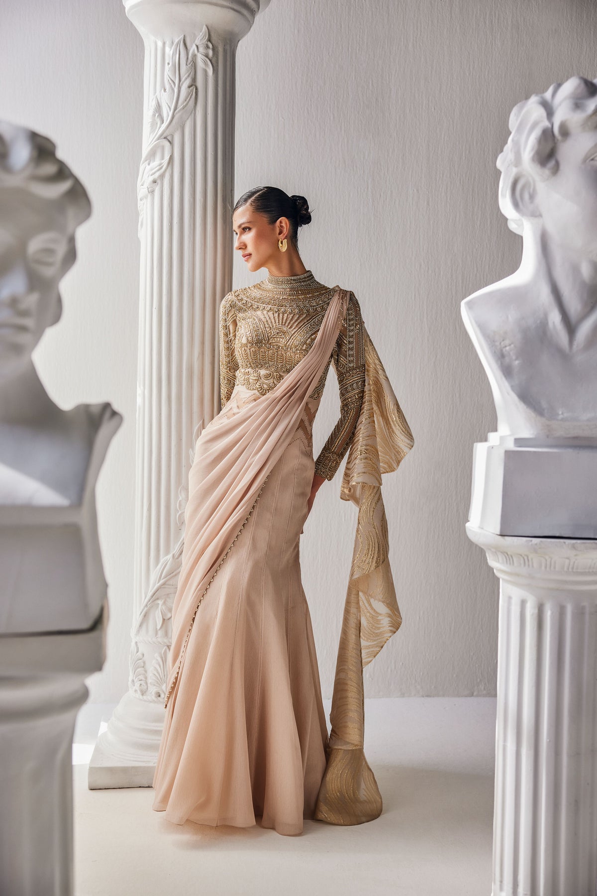 Golden Cream Draped Saree Set