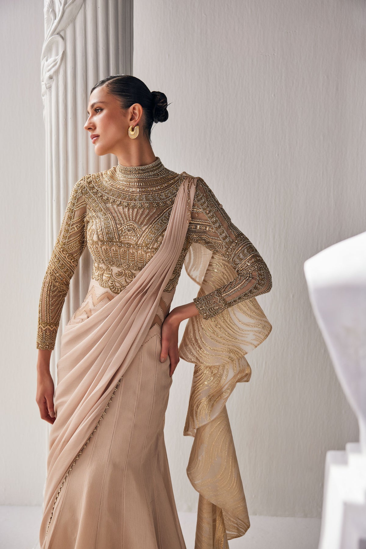 Golden Cream Draped Saree Set