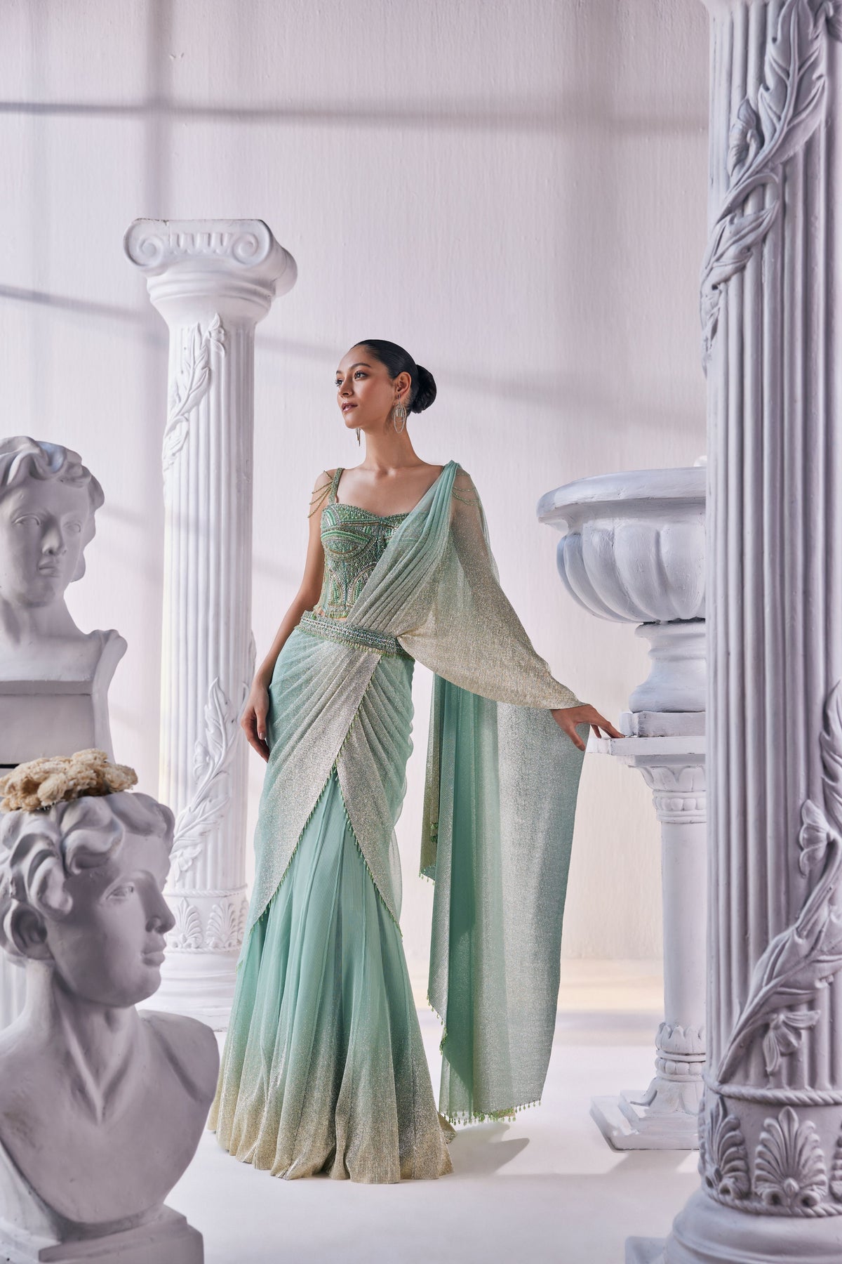 Pista Draped Layer Lehenga Set