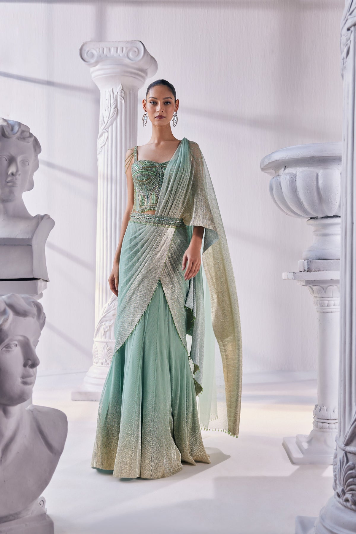 Pista Draped Layer Lehenga Set