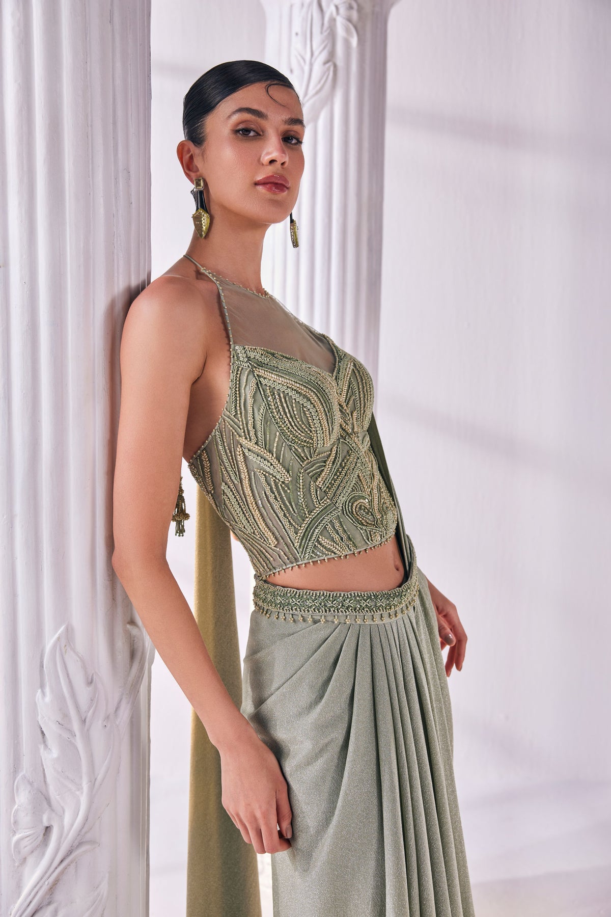 Jade Green Drape Saree With Belt