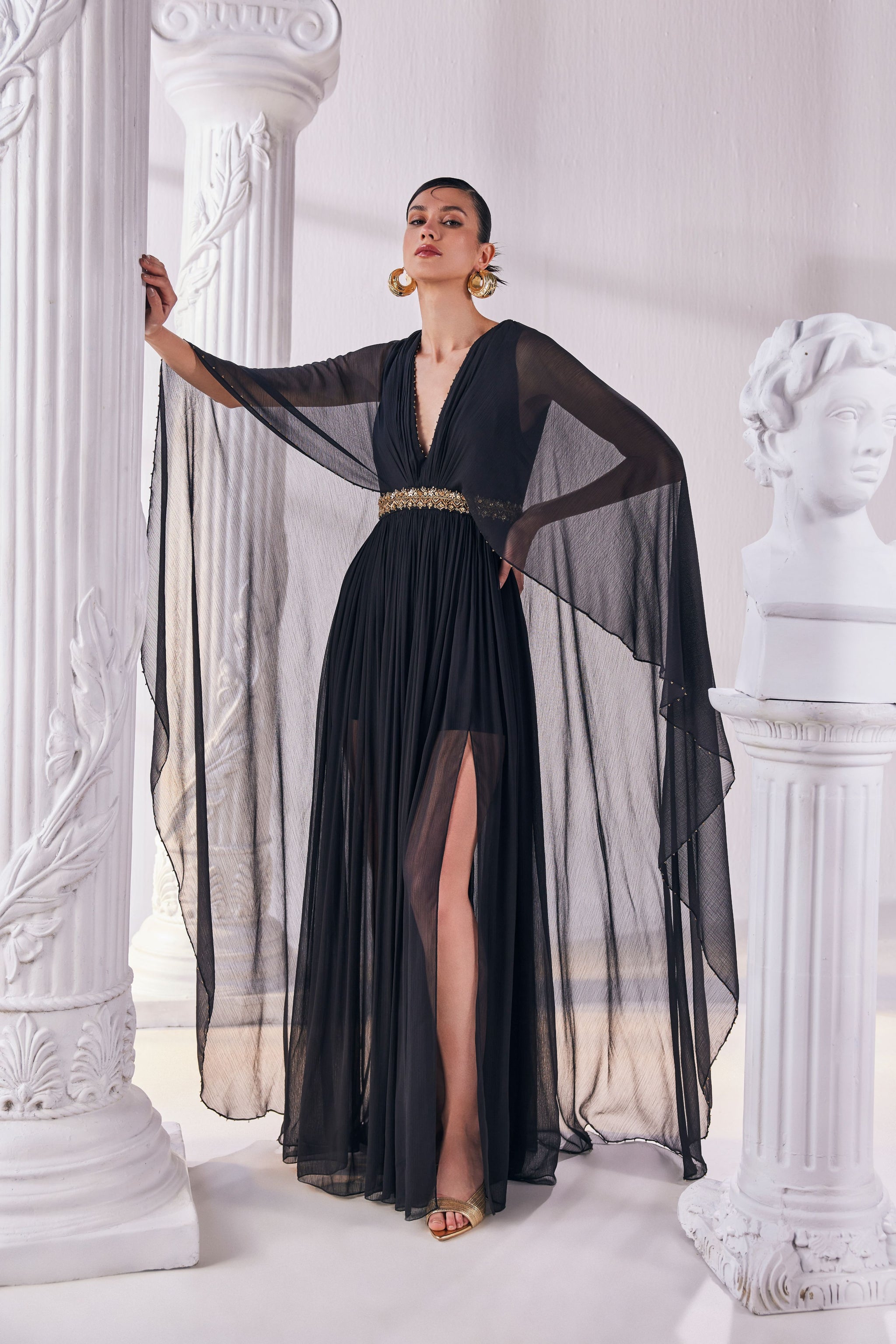 Mandira Wirk - Black Chiffon Kaftan Dress S Mandira Wirk - Black Chiffon Kaftan Dress S