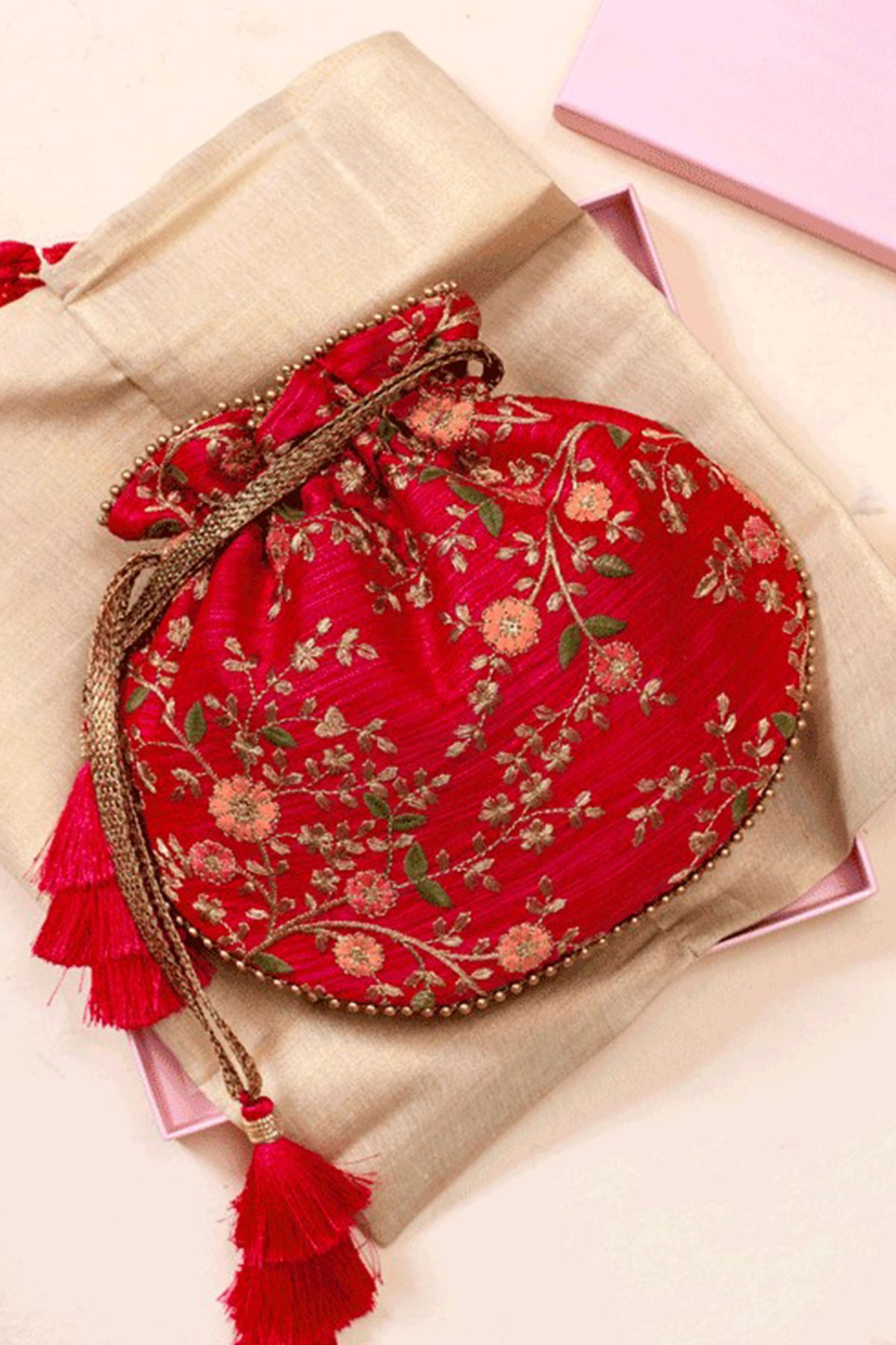 Floral Creeper Red Potli Bag