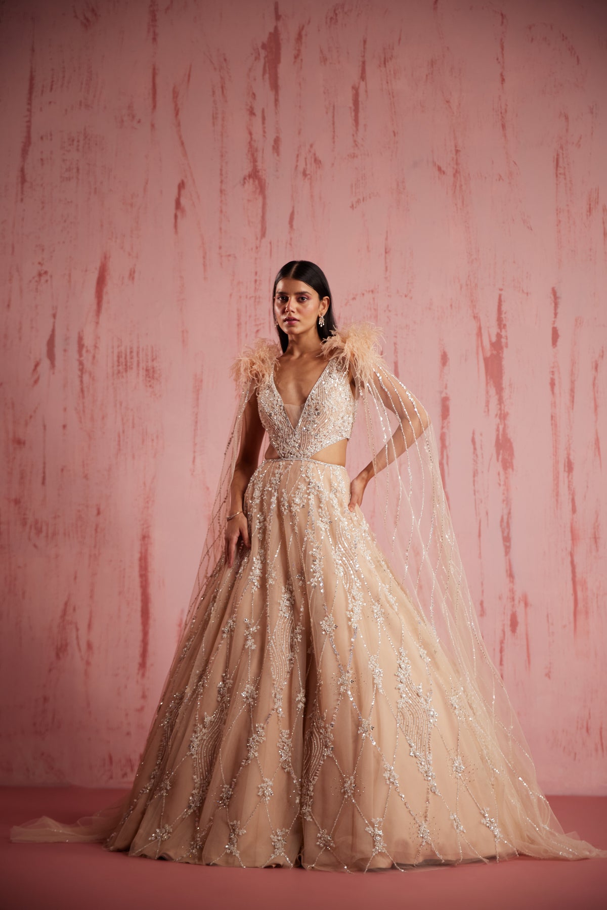 Myreen Peach Gown With Detachable Cape