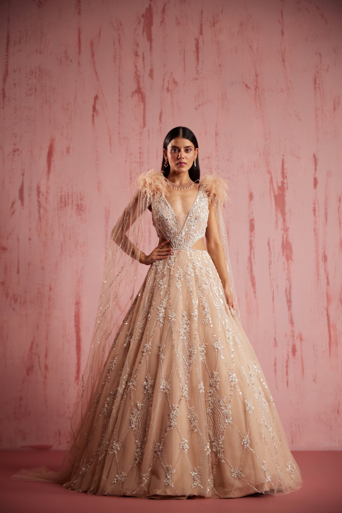 Myreen Peach Gown With Detachable Cape