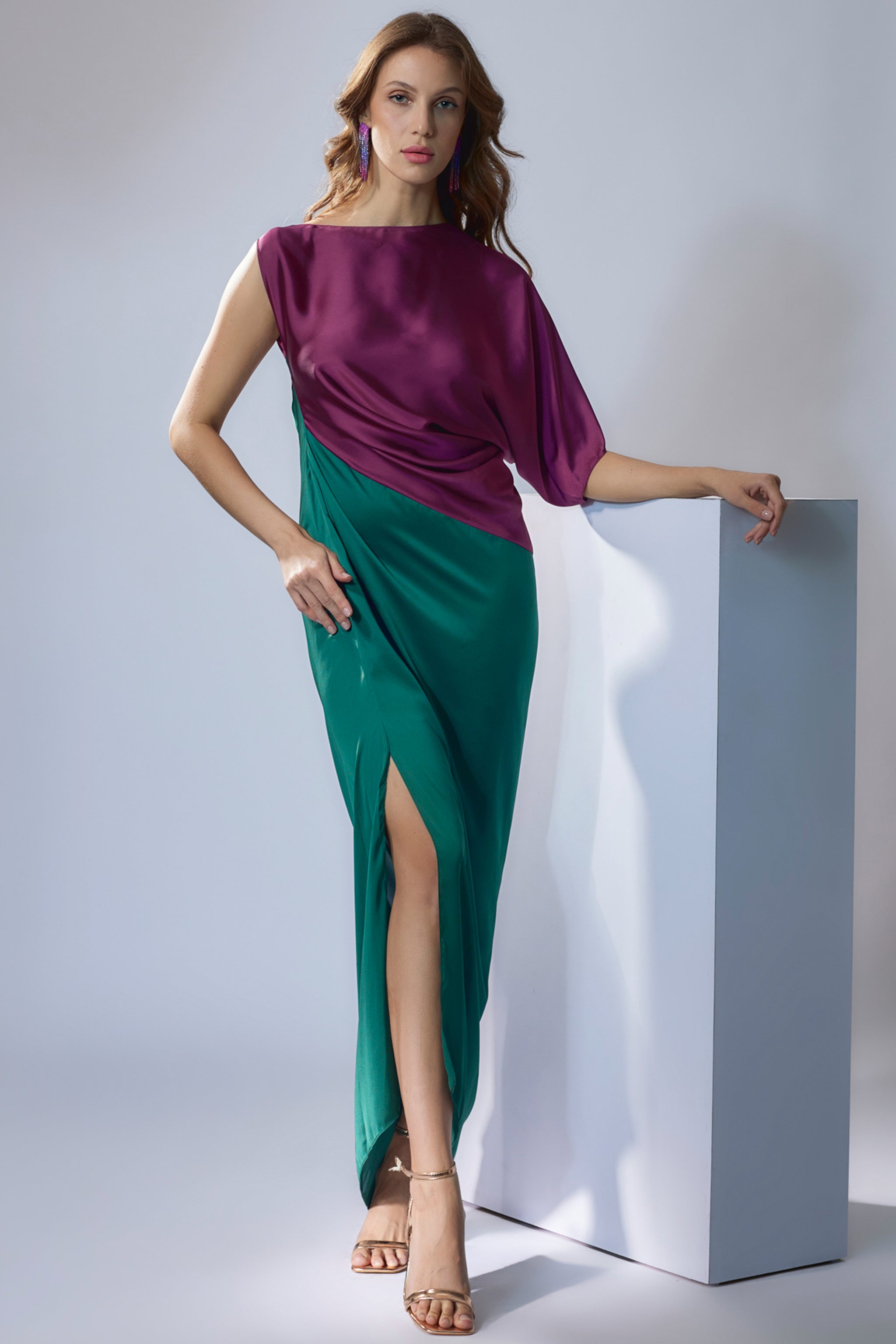 Na-Ka - Wine & Sea Green Drape Dress - Elahe Na-Ka - Wine & Sea Green Drape Dress - Elahe