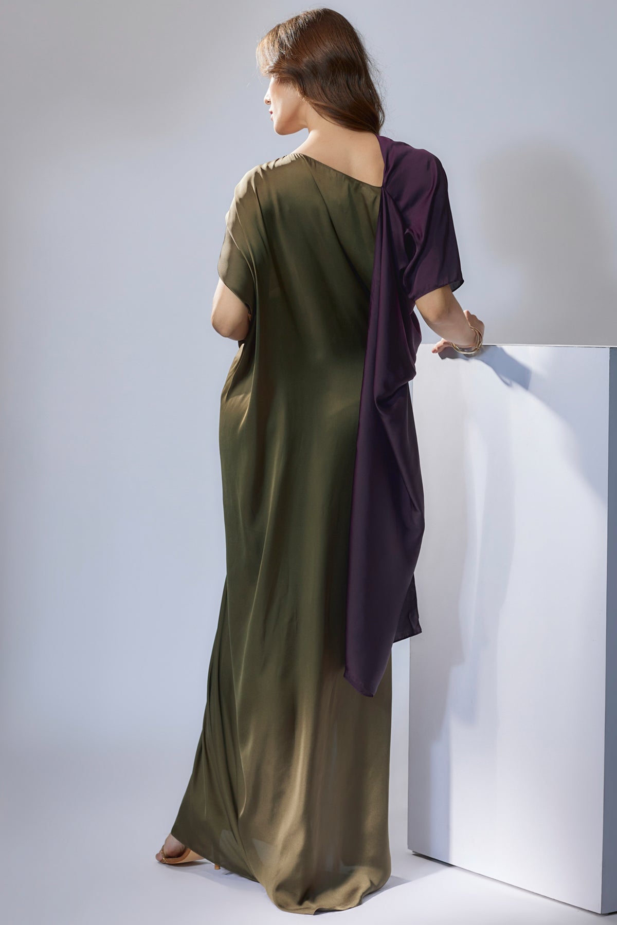 Olive &amp; Eggplant Purple Drape Gown