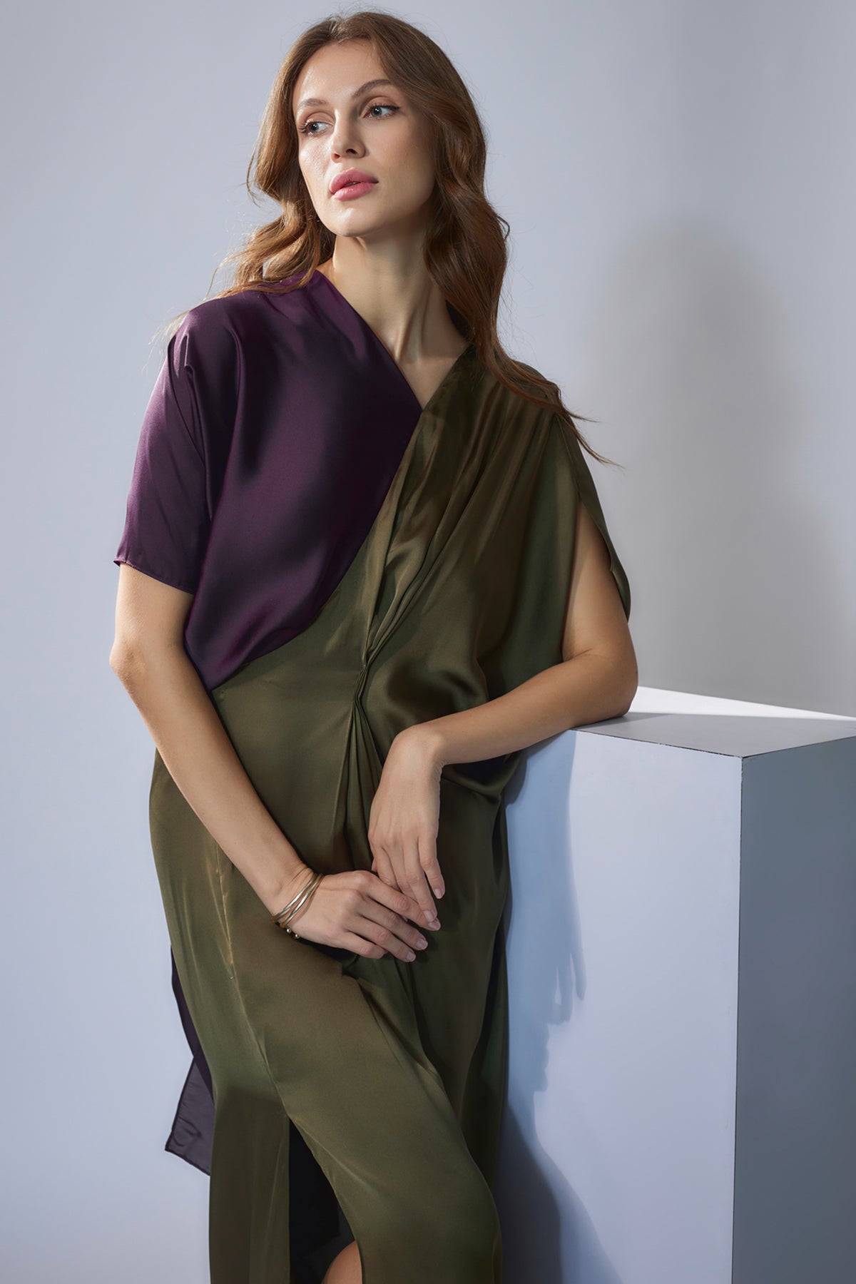 Olive &amp; Eggplant Purple Drape Gown