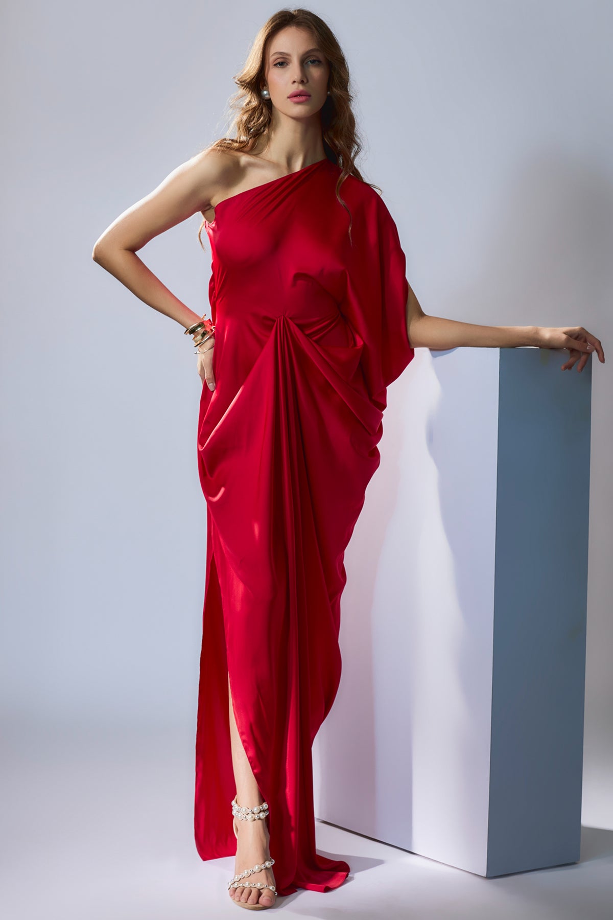 Red One-shoulder Drape Gown