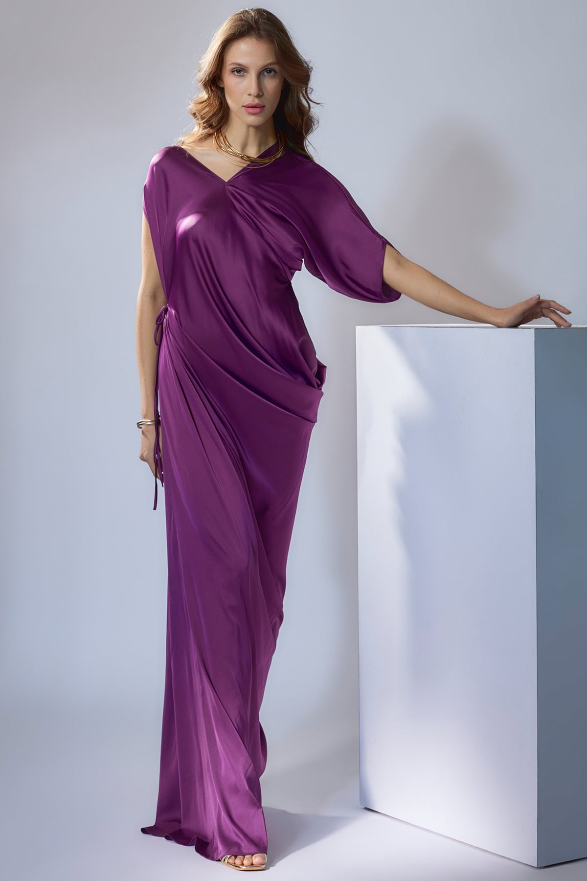 Wine Asymmetric Sleeve Drape Gown