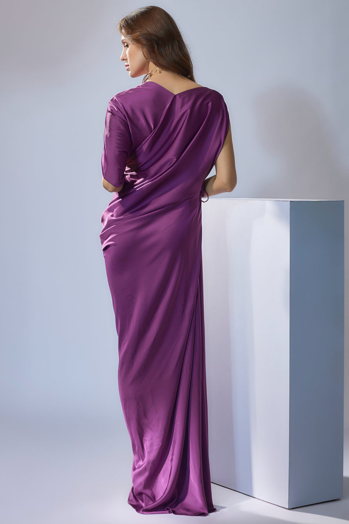 Wine Asymmetric Sleeve Drape Gown