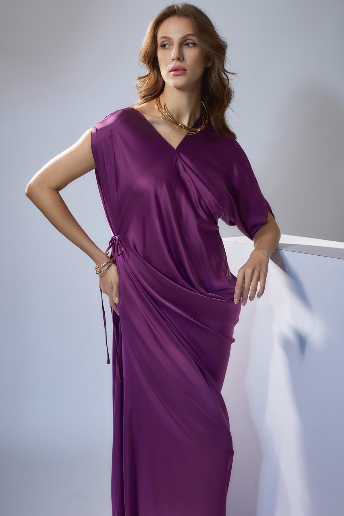 Wine Asymmetric Sleeve Drape Gown