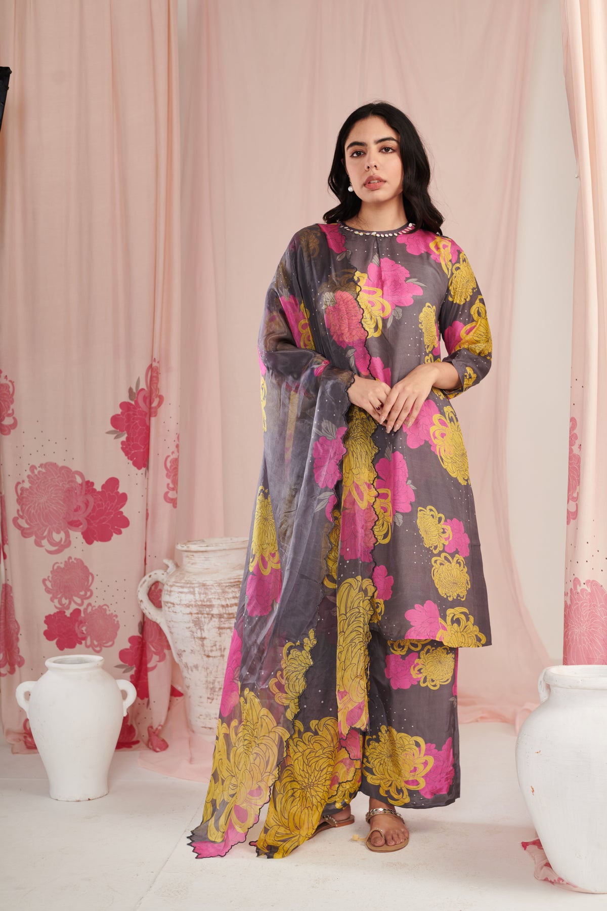 Grey Daisy Kurta Set