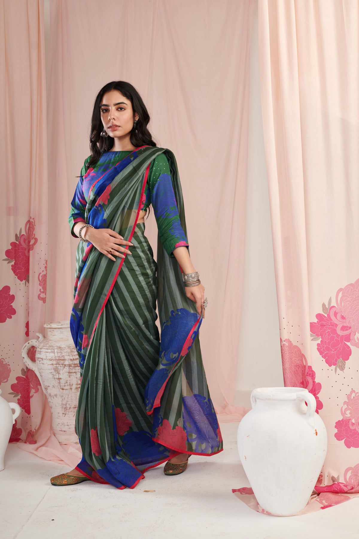Chrysan Green Saree Set