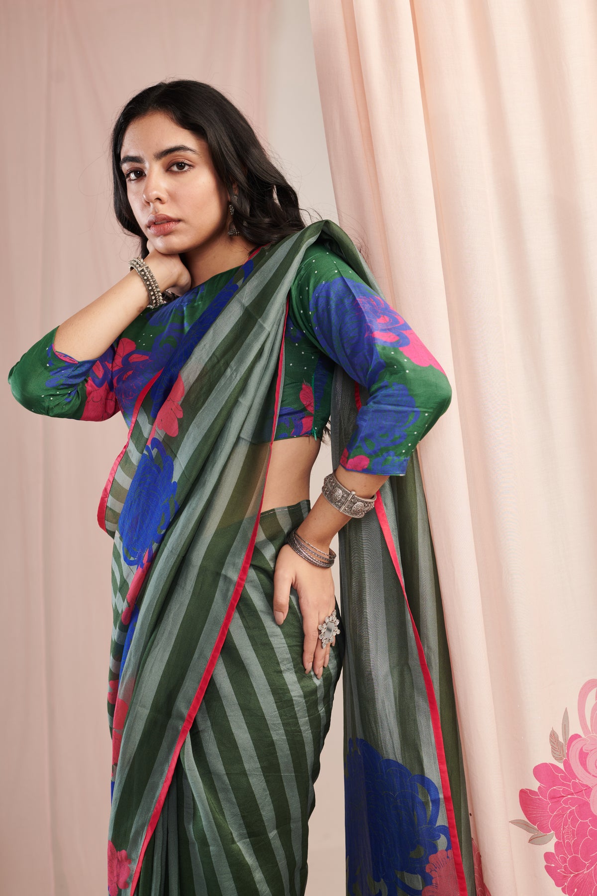 Chrysan Green Saree Set